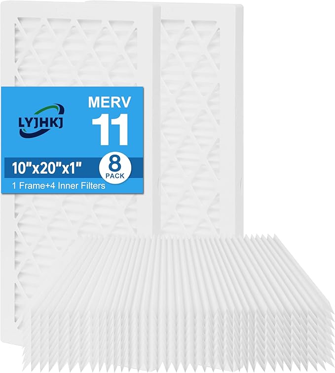10x20x1 MERV 11 Air Filter, Quality AC/HVAC Furnace Filter，2 Reusable ABS Frame + 8 Pack Replaceable Filter Media，Breathe Fresher and Cost-effective