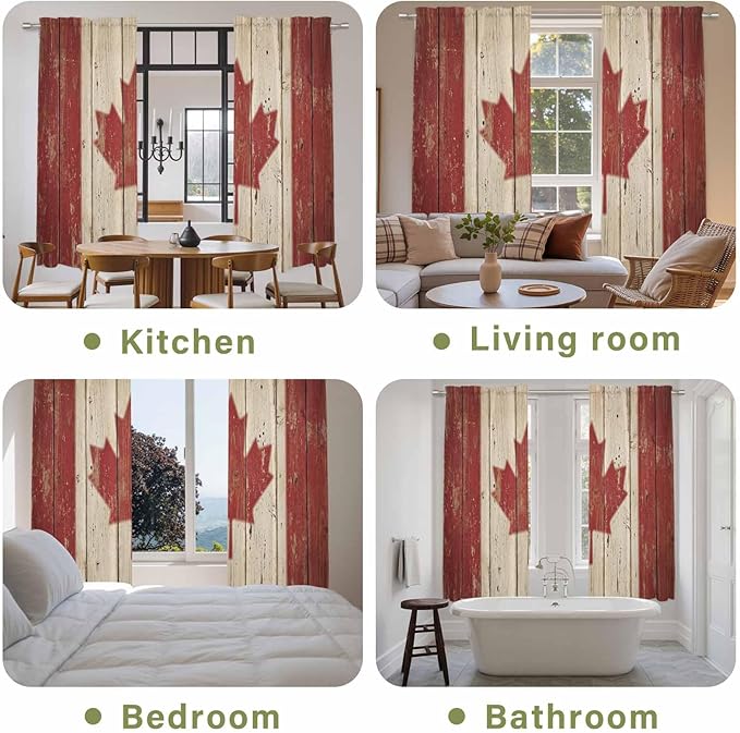 Canada Kitchen Curtains, Red Maple Leaf Flag Vintage Farmhouse Wooden Grain Light Filtering Window Curtain Panels, 2Pcs Rod Pocket Window Treatments Set for Living Room Bathroom Bedroom 52x72 Inches