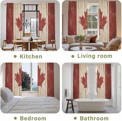 Canada Kitchen Curtains, Red Maple Leaf Flag Vintage Farmhouse Wooden Grain Light Filtering Window Curtain Panels, 2Pcs Rod Pocket Window Treatments Set for Living Room Bathroom Bedroom 52x72 Inches