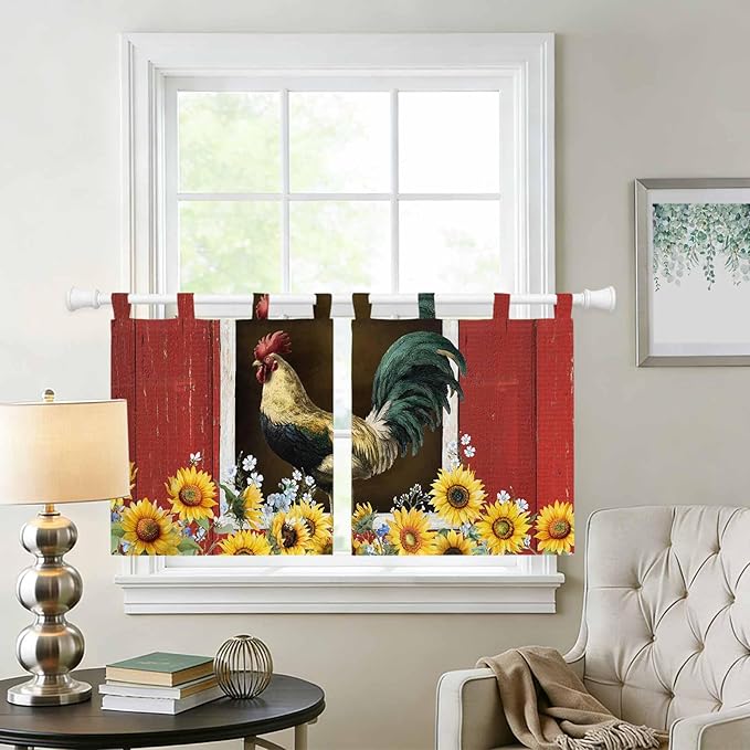 Chicken Sunflowers Kitchen Curtains 36 Inch Length, Small Window Curtains Tab Top, Farmhouse Animals Red Barn Bees Light Filtering Short Window Treatments Tier Drapes 27.5"x36" 2 Panel