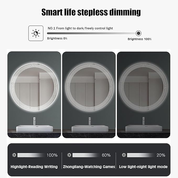 31.5 Inch LED Round Bathroom Mirror,Wall Mounted Multifunction Bathroom Vanity Mirror with Led Three-Color Light and Demister Pad, Circular Wall Mounted Vanity Mirror for Home Bathrooms,Shopping Malls