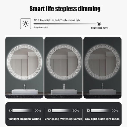 31.5 Inch LED Round Bathroom Mirror,Wall Mounted Multifunction Bathroom Vanity Mirror with Led Three-Color Light and Demister Pad, Circular Wall Mounted Vanity Mirror for Home Bathrooms,Shopping Malls