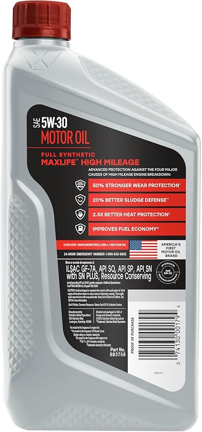 Valvoline MaxLife High Mileage Full Synthetic 5W-30 Motor Oil 1 Quart