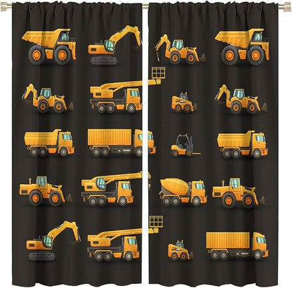 Kids Construction Window Curtains, Construction Machinery Equipment Mode of Transport Bulldozer Tractor Windows Curtain for Children Teens Room Decor 84x84in (30% Blackout)