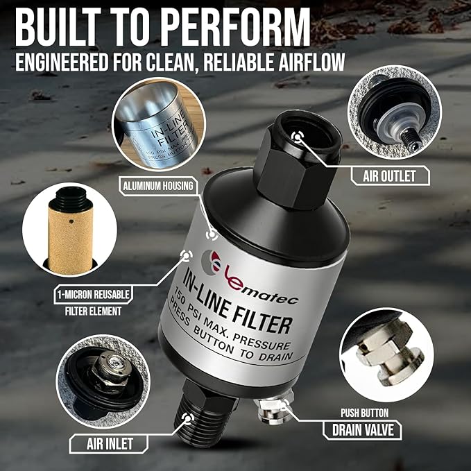 LE LEMATEC Air Compressor Water Separator - 1/4" NPT Inline Filter & Air Line Water Separator for Air Compressor, Moisture Trap Paint Gun Filter for Pneumatic Tools & Plasma Cutters, AI303