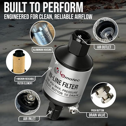 LE LEMATEC Air Compressor Water Separator - 1/4" NPT Inline Filter & Air Line Water Separator for Air Compressor, Moisture Trap Paint Gun Filter for Pneumatic Tools & Plasma Cutters, AI303