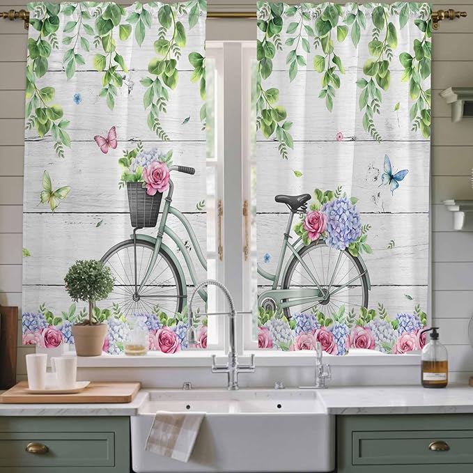 Spring Kitchen Curtains, Bicycles Botanical Rose Leaves Butterfly Wood Grain Light Filtering Window Curtain Panels, 2Pcs Rod Pocket Window Treatments Set for Living Room Bathroom Bedroom 42x63 Inches