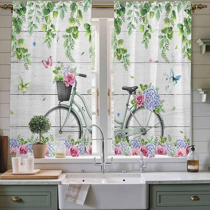 Spring Kitchen Curtains, Bicycles Botanical Rose Leaves Butterfly Wood Grain Light Filtering Window Curtain Panels, 2Pcs Rod Pocket Window Treatments Set for Living Room Bathroom Bedroom 42x63 Inches