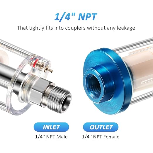3 Pcs Compressed Air Filter Water Oil Separator 1/4 Inch NPT Inlet and Outlet Airbrush Filter Moisture Separator for Air Line Compressor Fitting, 90 PSI