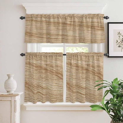 Kitchen Curtains Tiers and Valance Set of 3, Country Farmhouse Light Filtering Window Curtain Set, Vintage Brown Wooden Grain Rod Pocket Curtain Drapes for Cafe, Living Room, 24 Inches Tiers