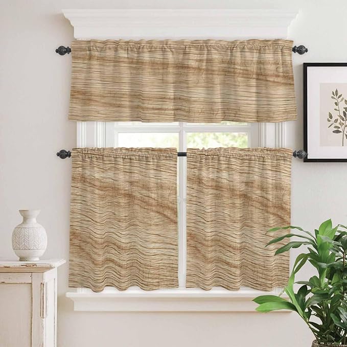 Kitchen Curtains Tiers and Valance Set of 3, Country Farmhouse Light Filtering Window Curtain Set, Vintage Brown Wooden Grain Rod Pocket Curtain Drapes for Cafe, Living Room, 36 Inches Tiers