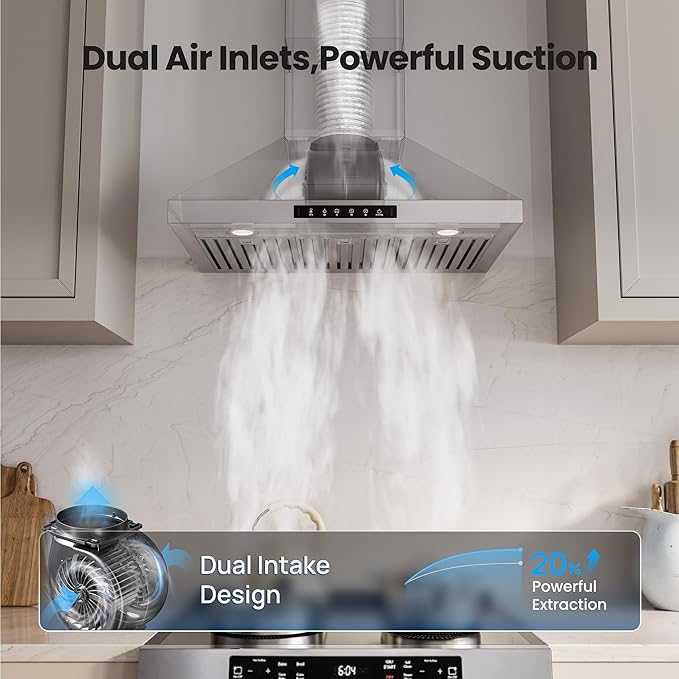 Wall Mount 30 Inch Range Hood 900 CFM, Ductless/Ducted Convertible Kitchen Hood, 3-speed Gesture Sensing & Touch Control, Stainless Steel Kitchen Vent Hood with Permanent Baffle Filters