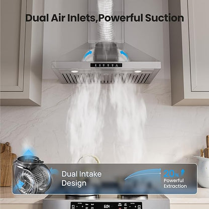 Wall Mount 30 Inch Range Hood 900 CFM, Ductless/Ducted Convertible Kitchen Hood, 3-speed Gesture Sensing & Touch Control, Stainless Steel Kitchen Vent Hood with Permanent Baffle Filters