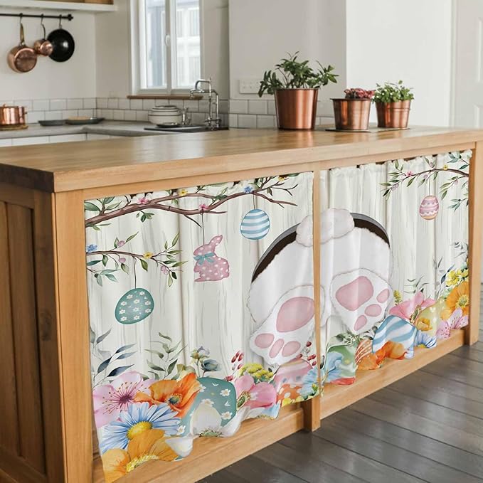 Easter Kitchen Tier Curtains 24 Inch Long 2 Panel Set,Rod Pocket Cafe Small Window Curtains Over Sink,Spring Farmhouse Watercolor Bunny Eggs Wood Grain Light Filtering Short Drapes 27.5"W x 24"L