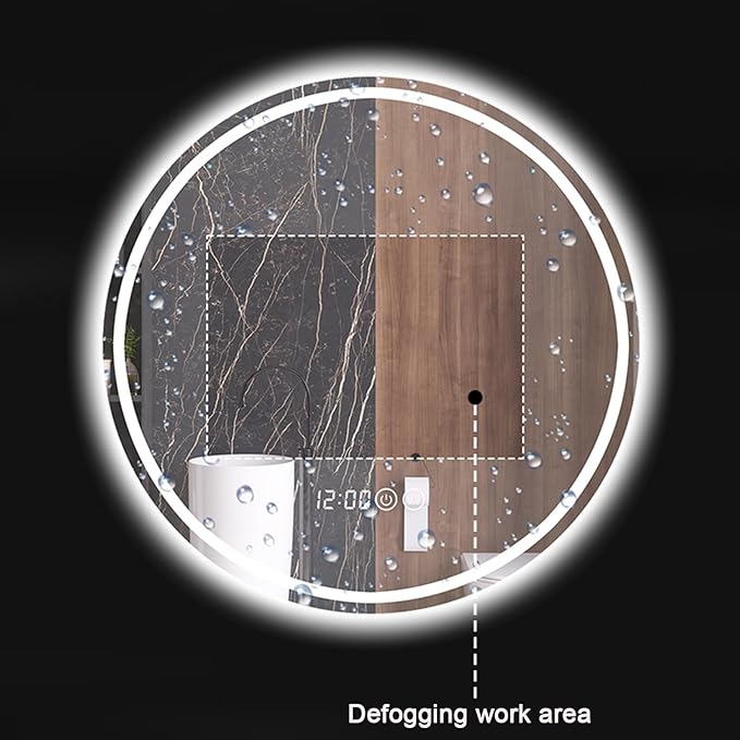 Round Bathroom Mirror with LED Lights and Demister，Round LED Bathroom Mirror with Light,Large Circle Mirror Backlit + Front Light，3 Colors Dimmable/Demister Pad(B,H60*W60cm/H23.6*W23.6IN)