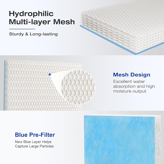 HFT600 Humidifier Wick Filter, for Honeywell Top Fill Tower Humidifier HEV615 HEV620 Series, Compared to Part HFT600T HFT600PDQ Wicking Filter, Replacement Filter T, Blue, 4 Pack