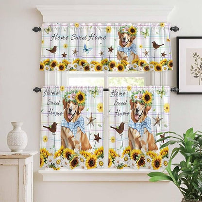 Kitchen Curtains Tiers and Valance Set of 3, Sunflowers Dog Light Filtering Window Curtain Set, Spring Watercolor Floral Stars Colorful Plaid Rod Pocket Curtain Drapes for Living Room, 24 Inches Tiers