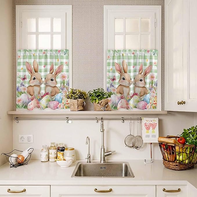 Easter Kitchen Curtains Set 3 Piece for Windows, Rod Pocket Valance and Tier Set 24 Inch Length, Spring Rabbit Eggs Flower Butterfly Green Plaid Light Filtering Cafe Curtains for Living Room Bathroom