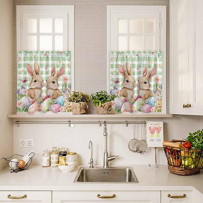 Easter Kitchen Curtains Set 3 Piece for Windows, Rod Pocket Valance and Tier Set 24 Inch Length, Spring Rabbit Eggs Flower Butterfly Green Plaid Light Filtering Cafe Curtains for Living Room Bathroom