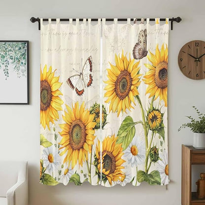 Farm Sunflowers Living Room Curtains 84 Inch Length, Window Curtains Tab Top, Retro Flowers Butterfly Botanical Beige Light Filtering Window Treatments Drapes 52"x84" 2 Panel