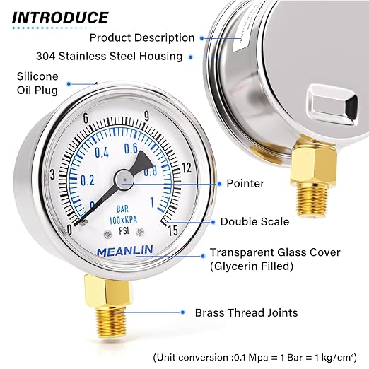 MEANLIN MEASURE 0~15Psi Dry Low Pressure Gauge Stainless Steel 1/" NPT 2" FACE DIAL Waterproof for Water Oil Air Well Pump Tank Tire Pressure Test Lower Mount, with 1/4" NPT and 3/8" NPT Hex Bushing