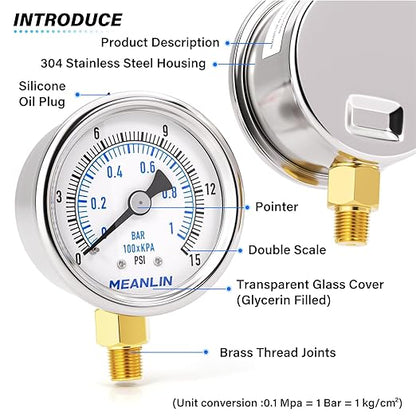 MEANLIN MEASURE 0~15Psi Dry Low Pressure Gauge Stainless Steel 1/" NPT 2" FACE DIAL Waterproof for Water Oil Air Well Pump Tank Tire Pressure Test Lower Mount, with 1/4" NPT and 3/8" NPT Hex Bushing