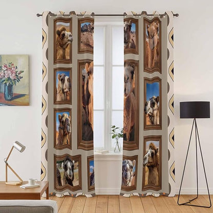 2 Panel Kitchen Cafe Curtains, Desert Camels Sunlight Filtering Nature Air Through, Home Decor Window Covering Tier Curtains for Living Room 104W x 96L inch Western Wildlife Brown Animals Country