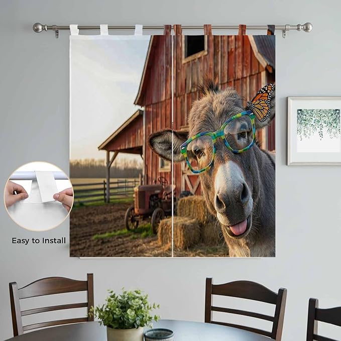 Farm Donkeys Bathroom Curtains 63 Inch Length, Window Curtains Tab Top, Farmhouse Barn Funny Animals Butterfly Light Filtering Window Treatments Drapes 52"x63" 2 Panel