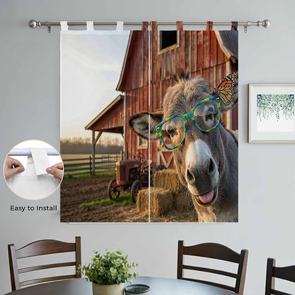 Farm Donkeys Bathroom Curtains 63 Inch Length, Window Curtains Tab Top, Farmhouse Barn Funny Animals Butterfly Light Filtering Window Treatments Drapes 52"x63" 2 Panel
