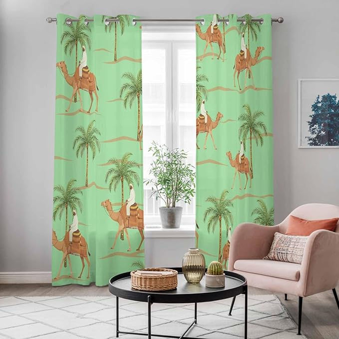 2 Panel Kitchen Cafe Curtains, Desert Camels Sunlight Filtering Nature Air Through, Home Decor Window Covering Tier Curtains for Living Room 104W x 96L inch Tropical Date Palm Trees Animal Green