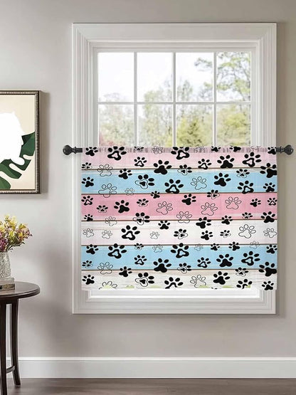 Sheer Curtains 45 Inch Length, Pink Blue Paw Print Semi Sheer Curtains Light Filtering Window Treatment, Vintage Farmhouse Wooden Grain Privacy Voile Drapes for Living Room Bedroom 52x45 Inch