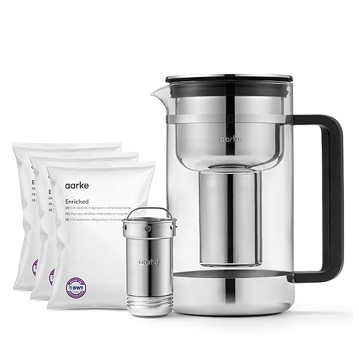 Aarke Purifier Large 1.66L Glass Pitcher Bundle w/Steel Filter, BPA-Free, 3 Enriched + 1 Pure Granules - Filters & Adds Minerals