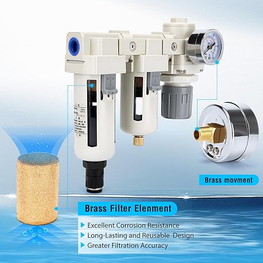 Air Pressure Regulator 3/8 NPT Auto Drain and Semi-Auto Drain Double Air Filters, Air Compressor Water Separator 0-150PSI, Air Drying System, Polycarbonate Bowl