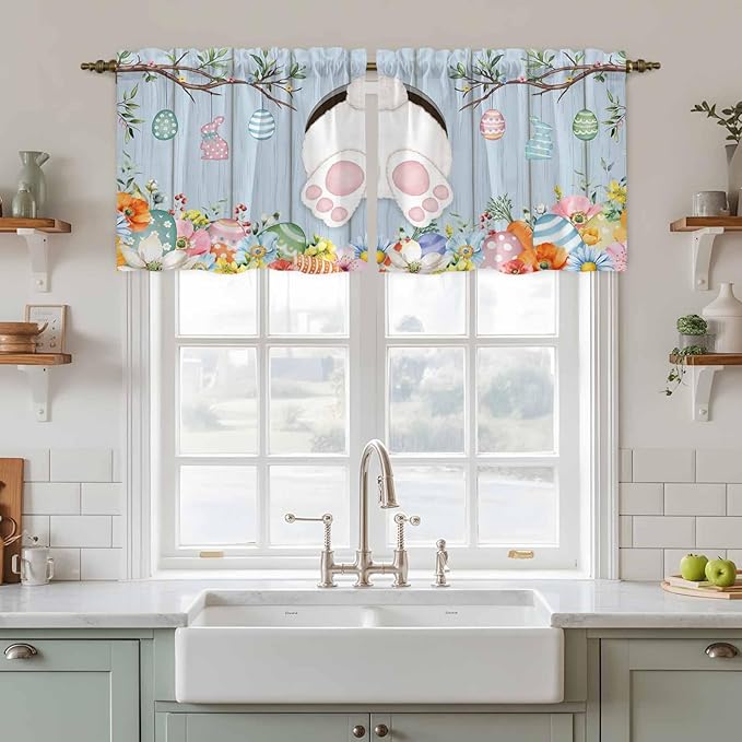 Easter Kitchen Tier Curtains 24 Inch Long 2 Panel Set,Rod Pocket Cafe Small Window Curtains Over Sink,Spring Watercolor Bunny Eggs Flower Wood Grain Blue Light Filtering Short Drapes 27.5"W x 24"L