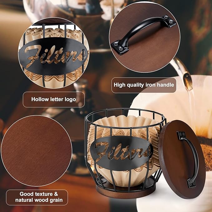 Yangbaga Coffee Filter Holder with Wood Lid,Wood and Metal Coffee Filter Storage Container Basket for Coffee Filters 2-4 Cup,Round Coffee Filter Holder Case for Counter,Coffee Bar Accessories decor
