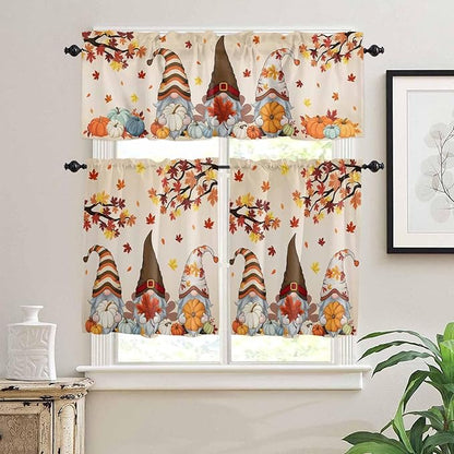 Fall Kitchen Curtain Set, Orange Pumpkins Thanksgiving Gnomes Autumn Maple Leaf Window Valance and Tiers 36" Length, Light Filtering Short Curtains Valance for Cafe Bathroom Bedroom 54"x18"