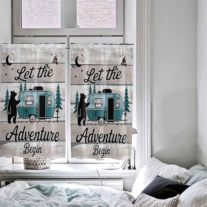 Farmhouse Bear Camper Van Tree Window Valance Curtains, Vintage Wood Grain Light Filtering Kitchen Valance with 3-inch Rod Pocket for Living Room Bathroom Bedroom,2 Panel,42x45In