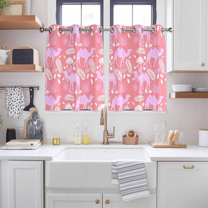 2 Panel Kitchen Cafe Curtains, Desert Camel Sunlight Filtering Nature Air Through, Home Decor Window Covering Tier Curtains for Bedroom Living Room Vintage Sand Camel Leaves Flower Pattern Pink