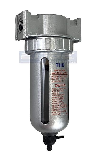 MID FLOW PARTICULATE FILTER/WATER TRAP FOR AIR COMPRESSOR COMPRESSED AIR LINES, 5u WITH POLY BOWL AND METAL BOWL GUARD (1/4" NPT)
