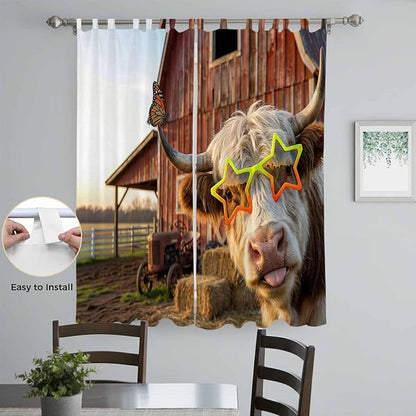 Farm Yaks Living Room Curtains 84 Inch Length, Window Curtains Tab Top, Farmhouse Barn Funny Animals Butterfly Light Filtering Window Treatments Drapes 52"x84" 2 Panel