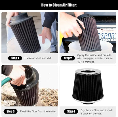 RYANSTAR 63mm 2.5" High Flow Round Tapered Cone Cool Air Filter Cleaner with Top Filter Design Short 153mm tall Black