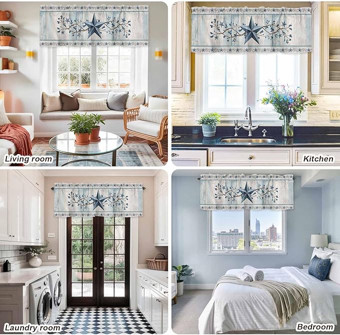 Texas Star Blue Curtain Valances for Windows, Kitchen Valance Window Treatment, Farmhouse Country Branches Wooden Grain Light Filtering Block Curtains for Bathroom/Bedroom/Living Room 54'' x 18''