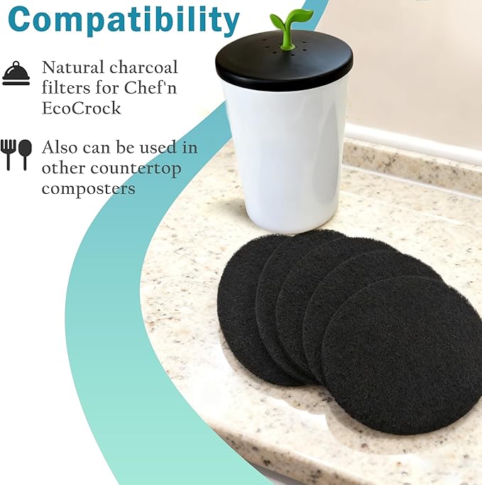 NewKe 6 Pack Natural Charcoal Filter Refills for Chef'n 401-420-120 EcoCrock Counter Compost Bin, Compost Bucket in Indoor, Oval-Shaped Charcoal Filters, Approx 6-1/2 x 5 in 3/8 in Thick