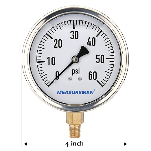 MEASUREMAN 4" Dial Size, Glycerin Filled Plumbing Pressure Gauge, 0-60psi, Stainless Steel Case, 1/4" NPT Lower Mount