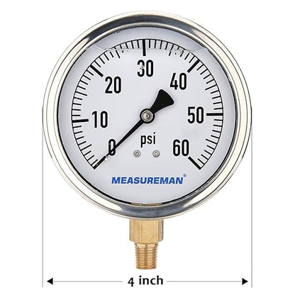 MEASUREMAN 4" Dial Size, Glycerin Filled Plumbing Pressure Gauge, 0-60psi, Stainless Steel Case, 1/4" NPT Lower Mount