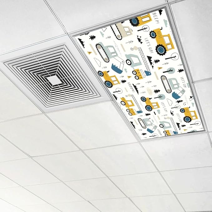 6 Pcs Fluorescent Light Covers for Ceiling Lights Colorful Construction Vehicle Diggers Cranes Tractors Decorative Magnets Light Filters for Office Home Classroom Must Haves 4’ x 2’