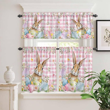 Kitchen Curtains Tiers and Valance Set of 3, Easter Light Filtering Window Curtain Set, Spring Rabbit Eggs Nature Botanicals Pink Plaid Rod Pocket Curtain Drapes for Cafe, Living Room, 24 Inches Tiers