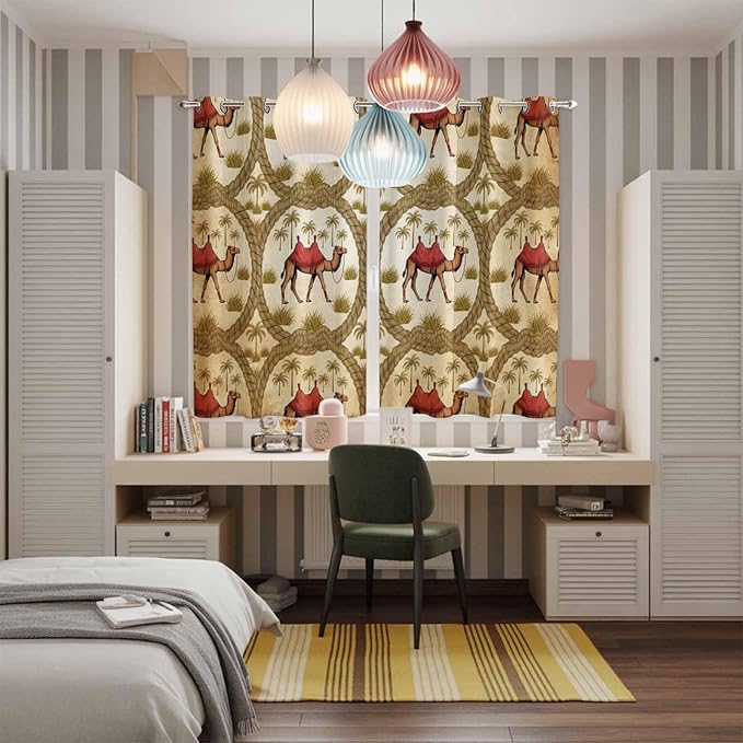 2 Panel Kitchen Cafe Curtains, Brown Desert Camels Sunlight Filtering Nature Air Through, Window Decor Tier Curtains for Living Room 80W x 63L inch Tropical Date Coconut Trees Cords Leaves