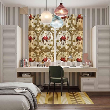 2 Panel Kitchen Cafe Curtains, Brown Desert Camels Sunlight Filtering Nature Air Through, Window Decor Tier Curtains for Living Room 80W x 63L inch Tropical Date Coconut Trees Cords Leaves