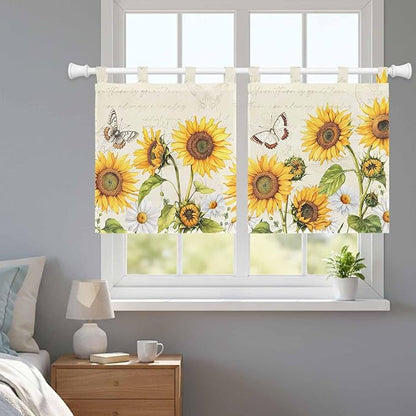 Farm Sunflowers Kitchen Curtains 36 Inch Length, Small Window Curtains Tab Top, Retro Flowers Butterfly Botanical Beige Light Filtering Short Window Treatments Tier Drapes 27.5"x36" 2 Panel